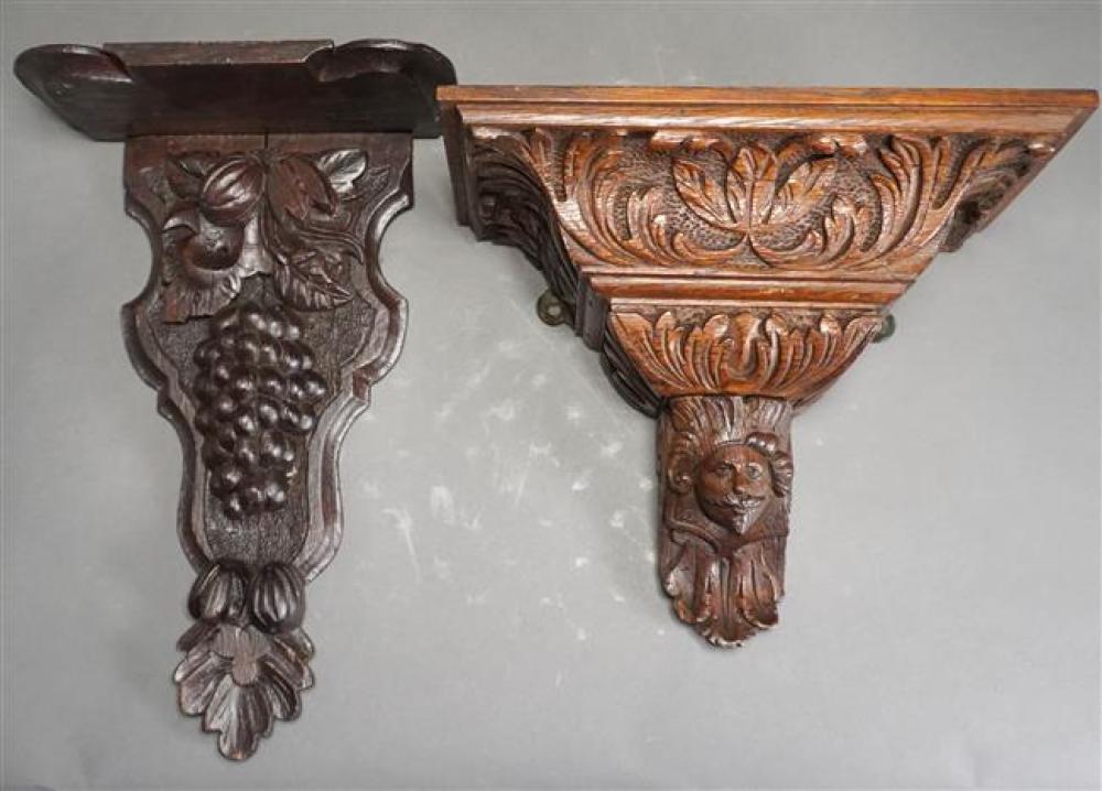 TWO CARVED WOOD WALL BRACKETS,