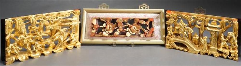 THREE CHINESE CARVED GILTWOOD PANELS,