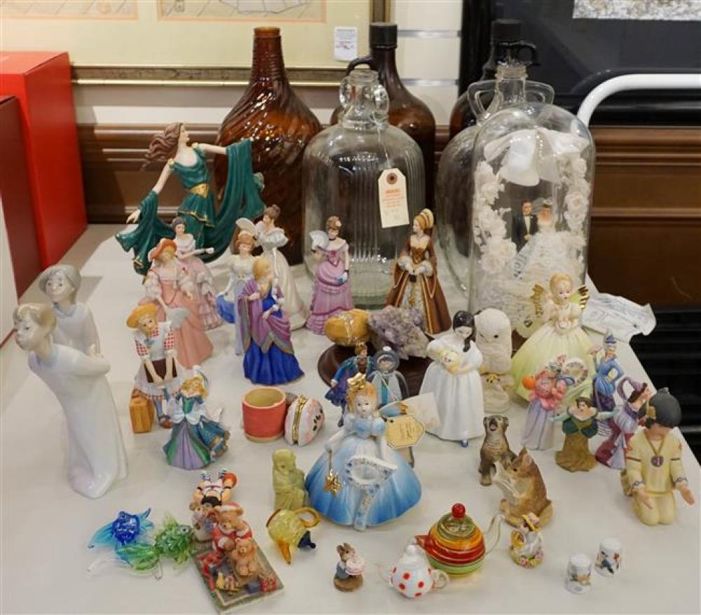 FIVE GLASS JUGS AND GROUP WITH ASSORTED