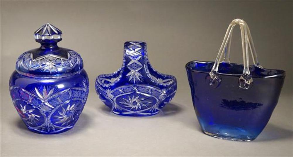 TWO COBALT CRYSTAL BASKETS AND COVERED