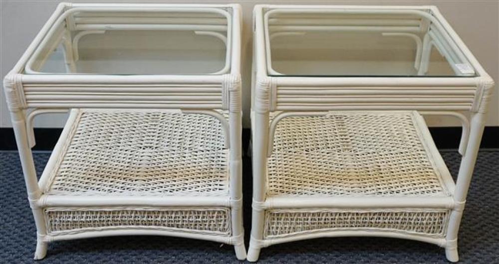 PAIR WHITE WICKER GLASS TOP SIDE