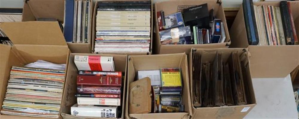 EIGHT BOXES WITH BOOKS, CD'S, DVD'S,