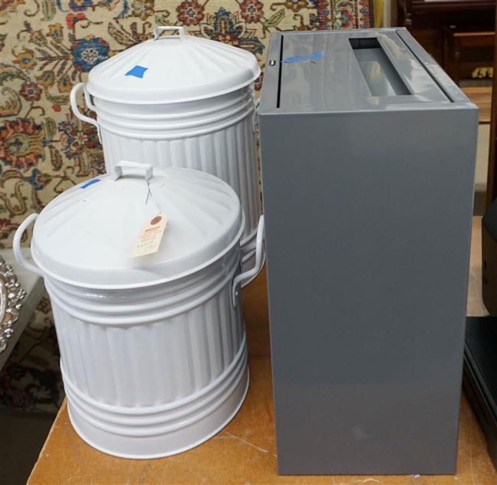 TWO WHITE ENAMEL WASTE CANS AND 3238ac