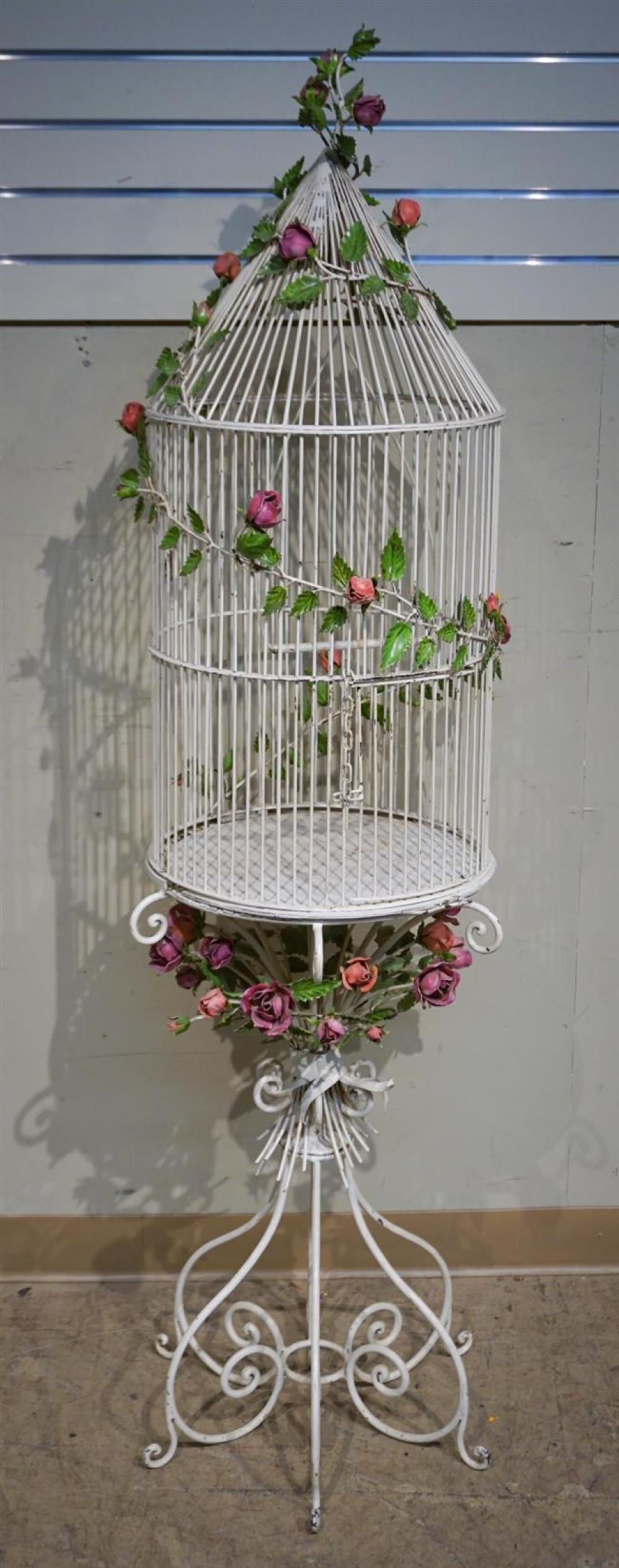 WHITE POLYCHROME PAINTED BIRD CAGE