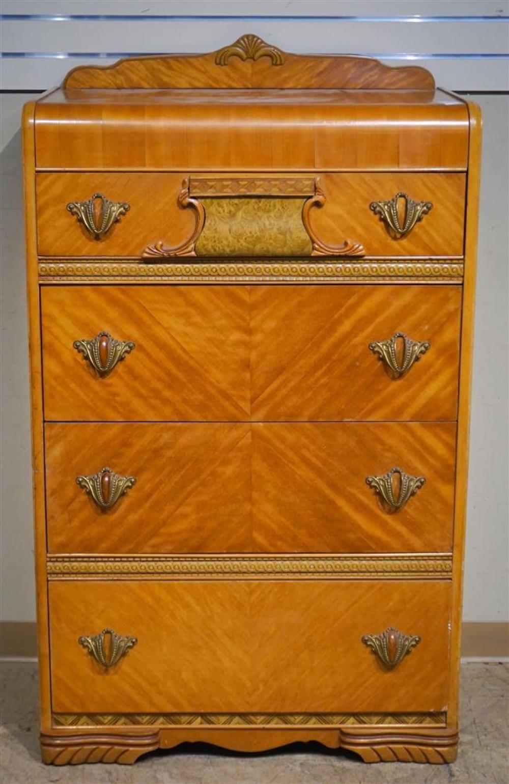 ART DECO WALNUT WATERFALL TALL CHEST