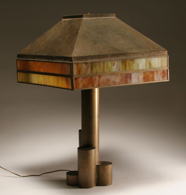 Slag glass table lamp; graduated brass