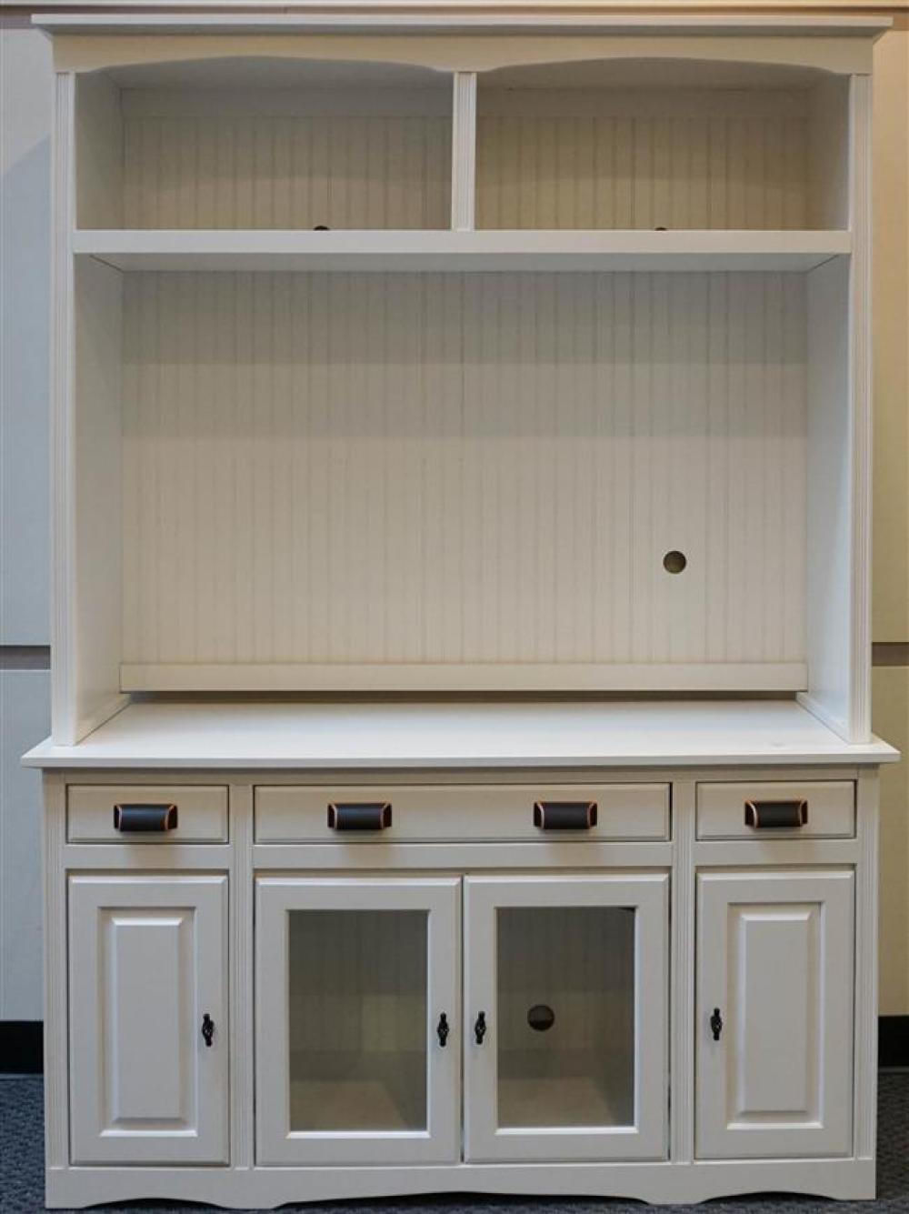 MODERN WHITE ENAMEL TWO-PART HUTCH CABINET,