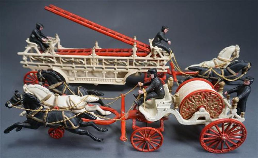 TWO CAST IRON ANTIQUE HORSE DRAWN