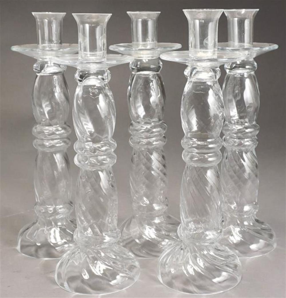 FIVE ABIGAILS CLEAR GLASS CANDLESTICKS,