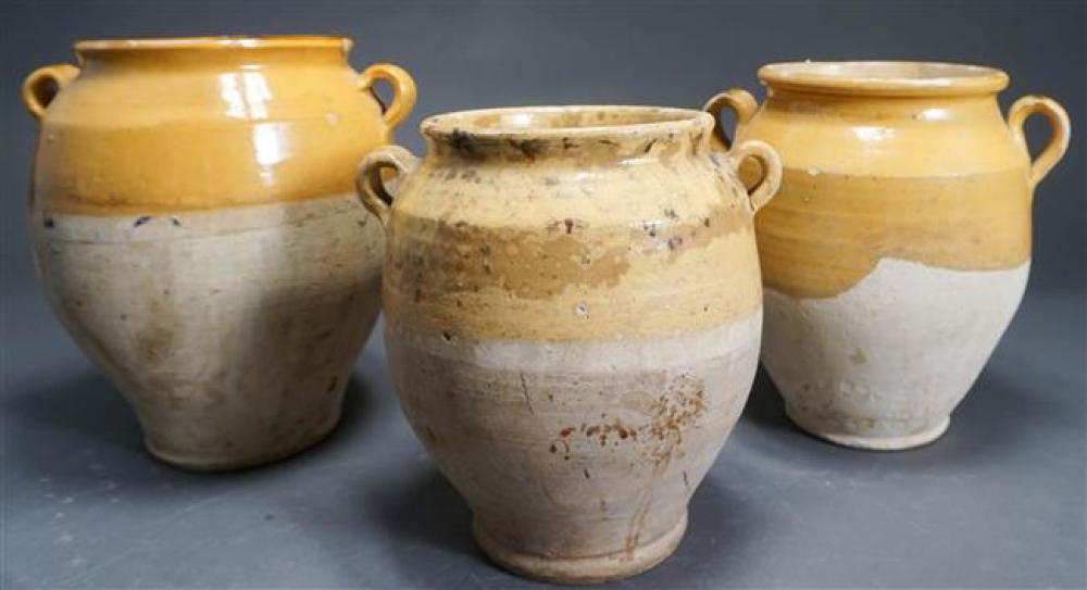 THREE PARTIAL STRAW GLAZED POTTERY TWO-HANDLE