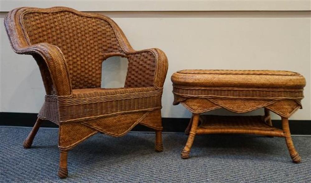 STAINED WICKER LOUNGE CHAIR AND