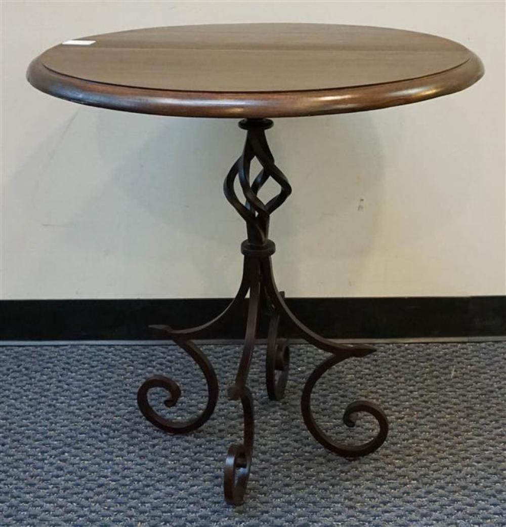 WROUGHT IRON BASE STAINED WOOD TOP TABLE,