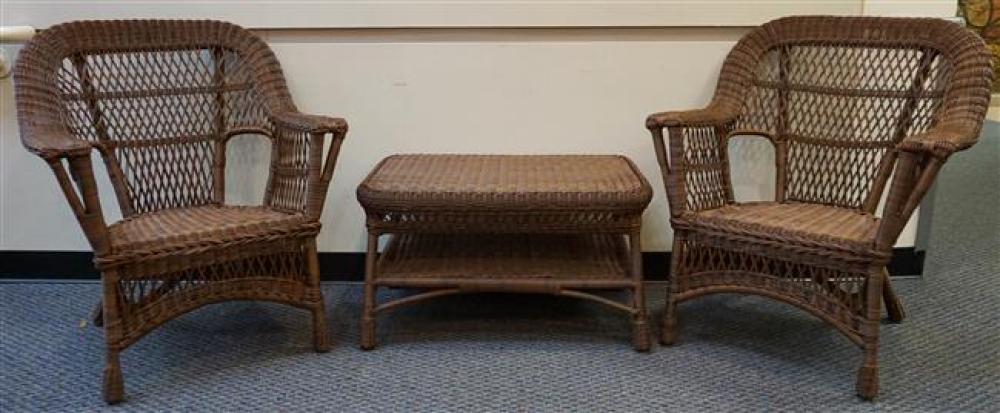 PAIR FAUX WICKER LOUNGE CHAIRS AND COCKTAIL