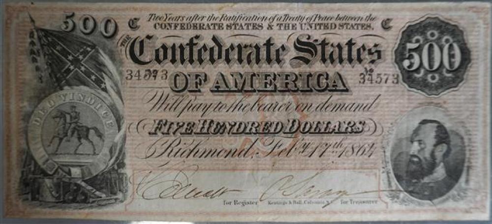 FEB 17TH, 1864 500-DOLLAR RICHMOND CONFEDERATE