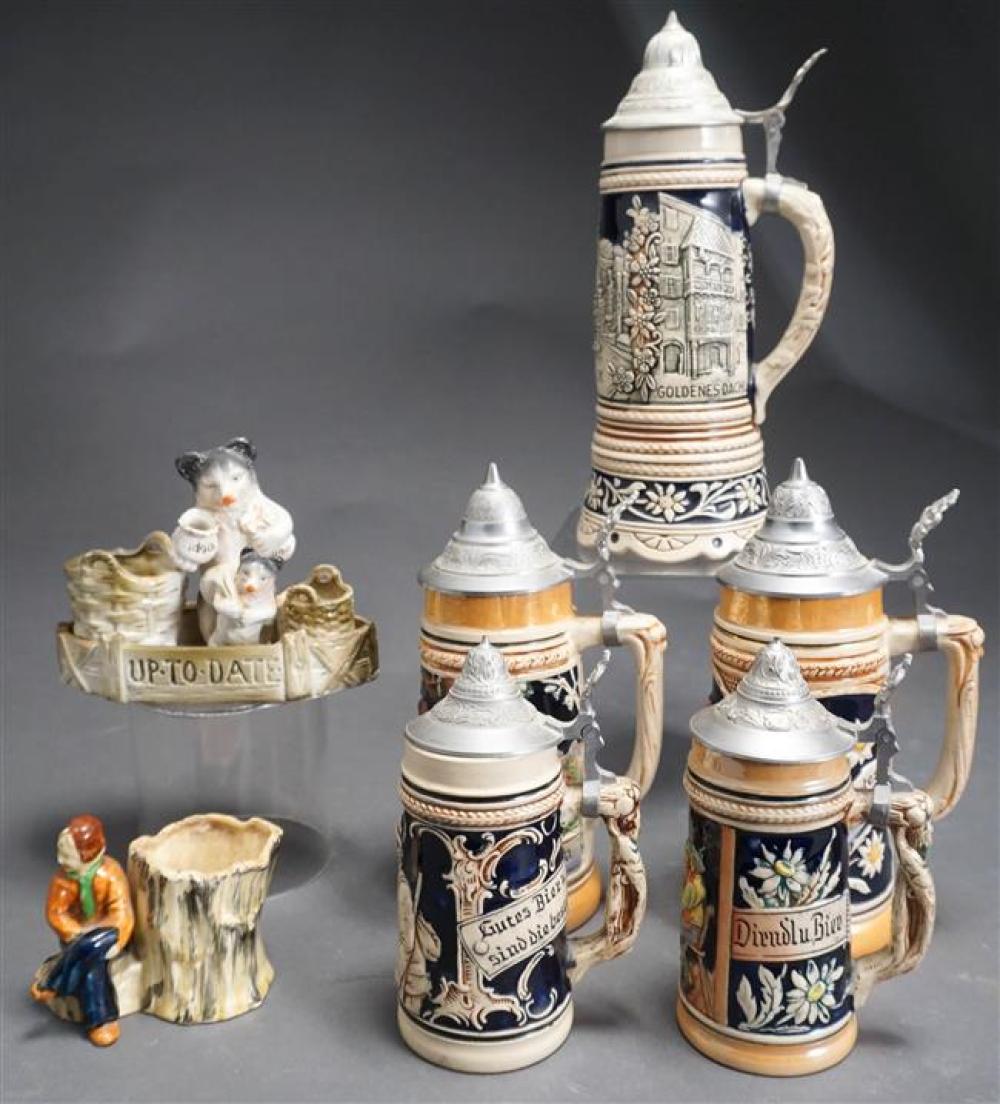 FIVE GERMAN MOUNTED STEINS (ONE