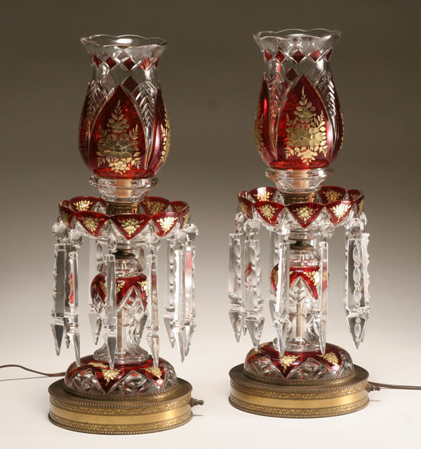 Pair Bohemian crystal lustre lamps;