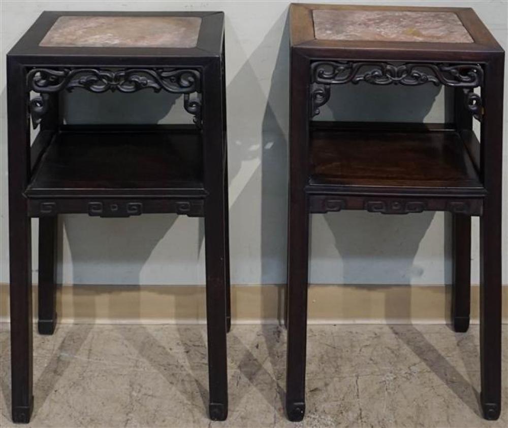 PAIR CHINESE MARBLE INSET HARDWOOD