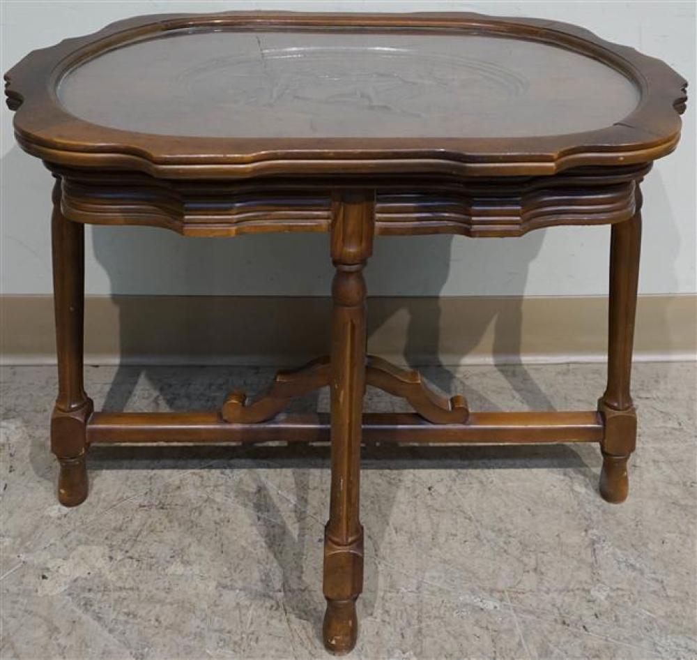 CARVED WALNUT TRAY TOP END TABLE, H: