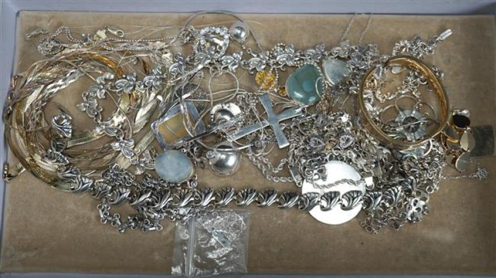 COLLECTION OF MOSTLY SILVER NECKLACES,