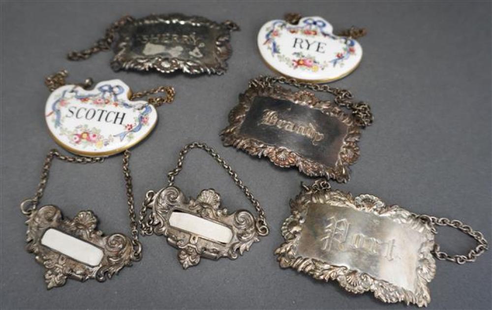 FIVE SILVER PLATE AND TWO PORCELAIN