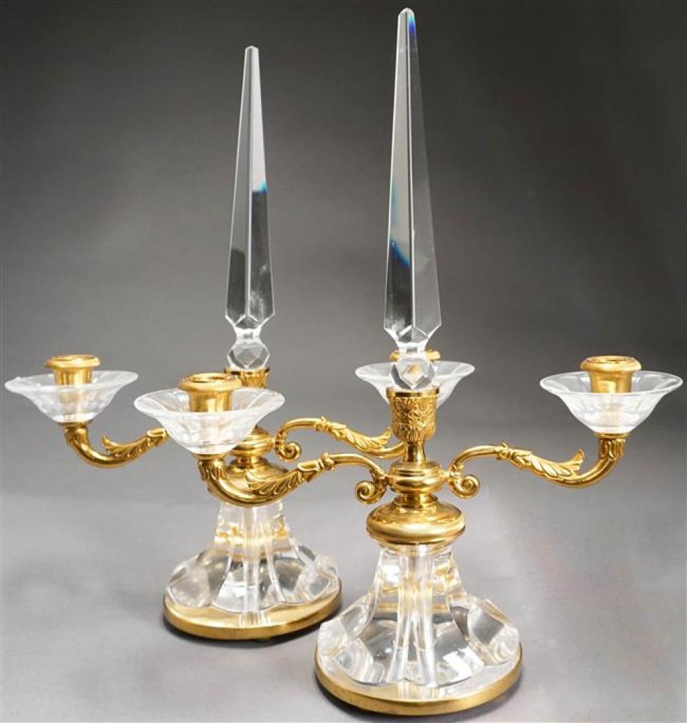 PAIR BRASS MOUNTED CRYSTAL TWO-LIGHT