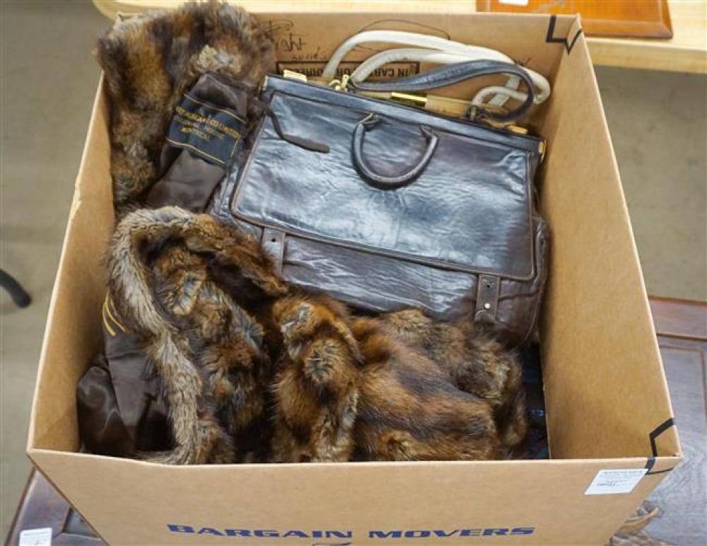 BOX WITH VINTAGE FUR COAT, PURSES AND