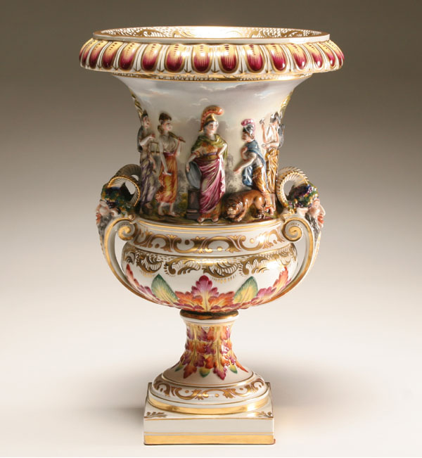 Large Capo di Monte classical urn; raised