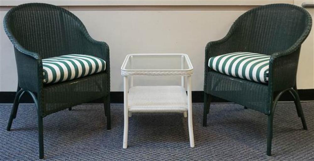 PAIR WICKER GREEN PAINTED ARMCHAIRS 324271