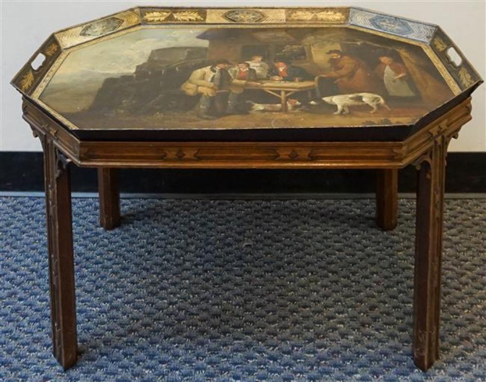 ENGLISH TOLE DECORATED TRAY ON A MAHOGANY