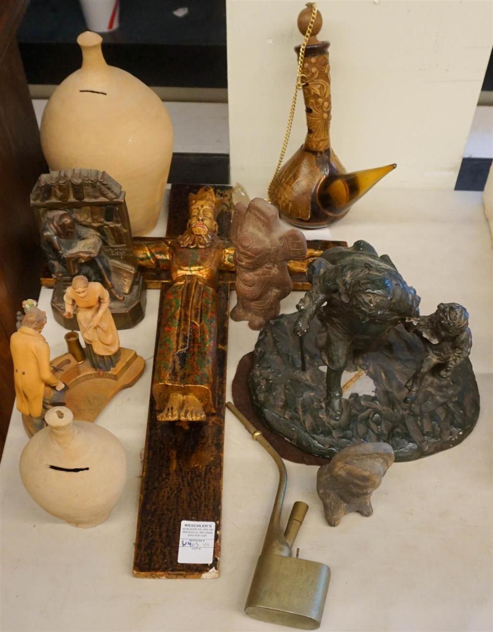 WOOD CRUCIFIX, POTTERY FIGURES