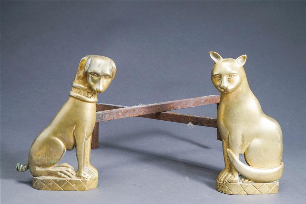 PAIR CAST BRASS DOG AND CAT ANDIRONSPair 326a83