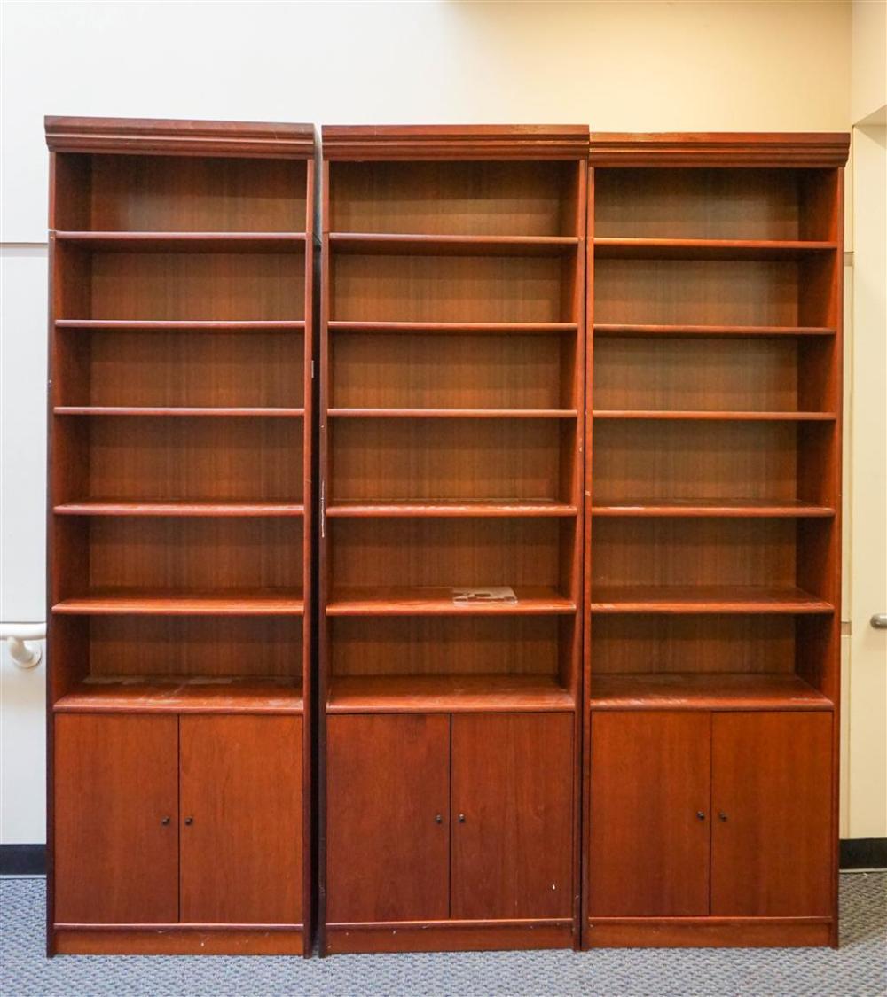 THREE CHERRY FINISH TALL OPEN SHELVES,