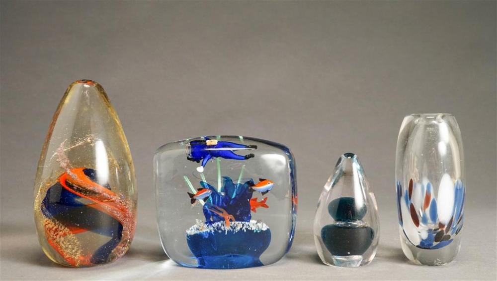 THREE ART GLASS PAPERWEIGHTS AND