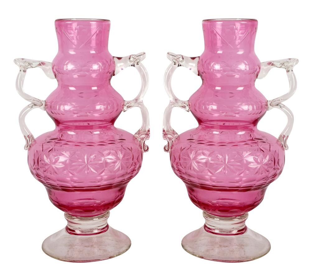 PAIR OF CLEAR & PINK CUT-GLASS