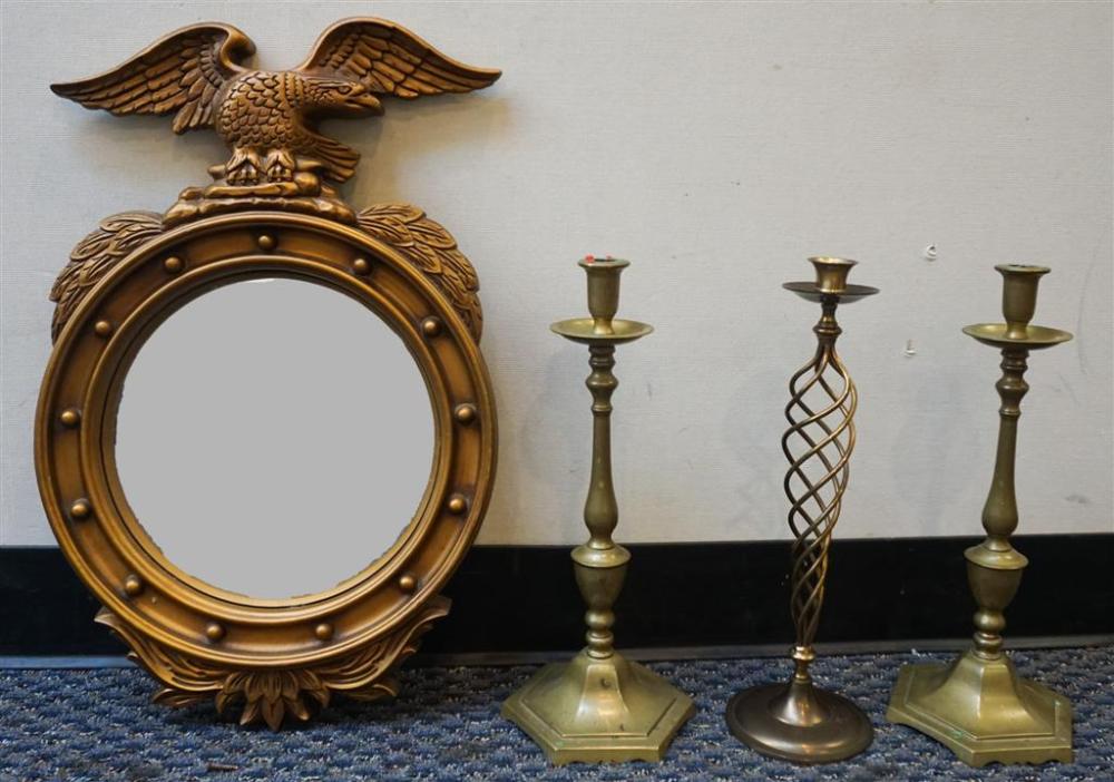 THREE BRASS CANDLEHOLDERS AND A