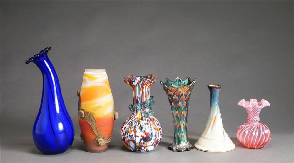 COLLECTION OF COLORED GLASS VASES AND