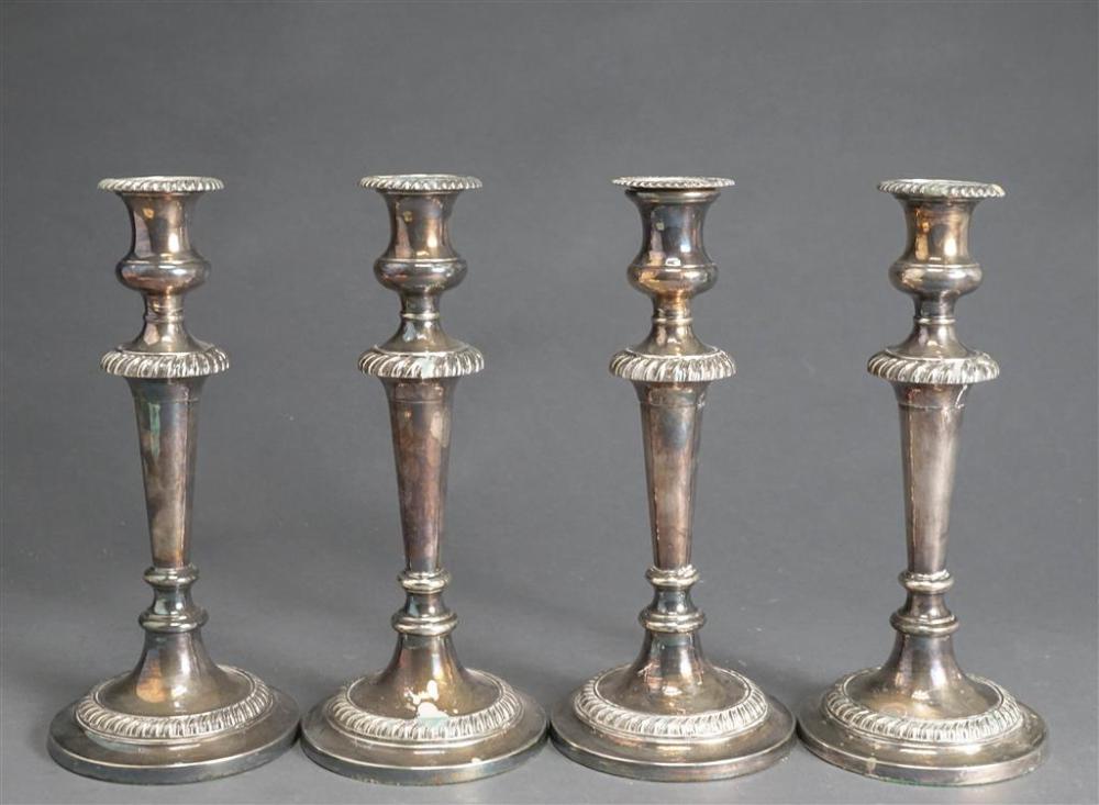 SET OF FOUR SHEFFIELD SILVER PLATE CANDLESTICKS,