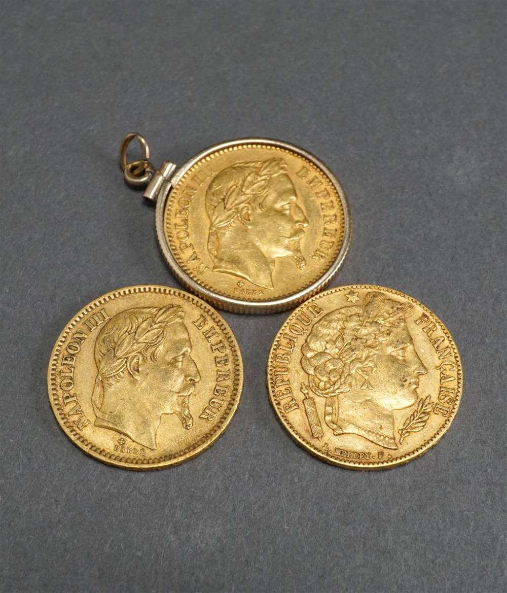 THREE FRENCH 20-FRANCS GOLD COINS