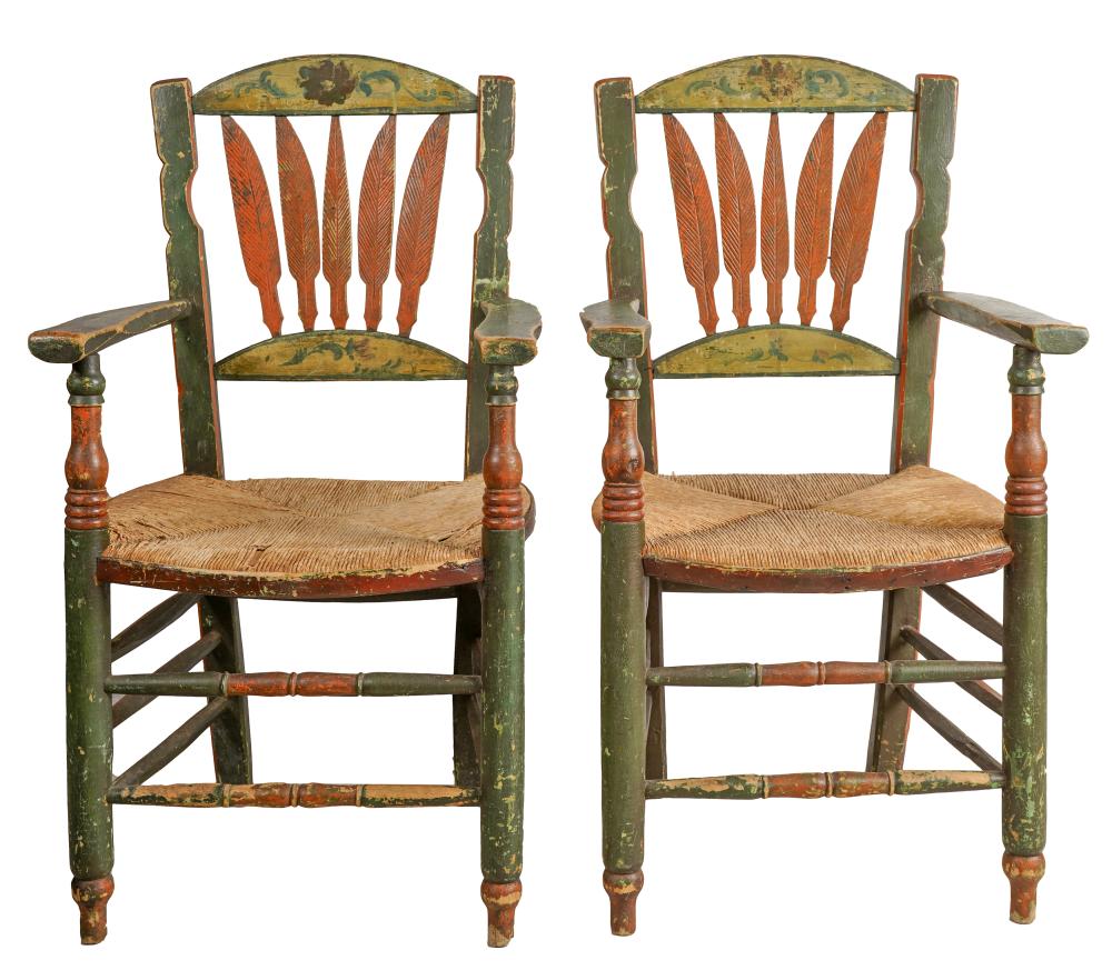 PAIR OF GREEN PAINTED ARMCHAIRSwith 326d6d