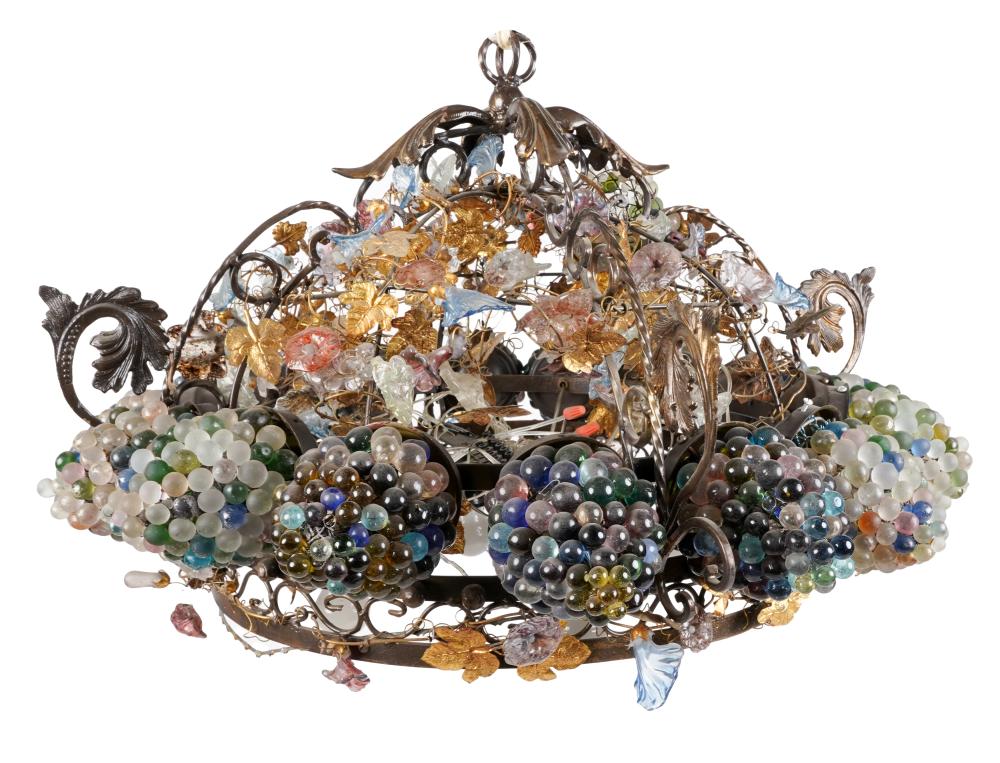 GILT METAL & COLORED GLASS CHANDELIERwith
