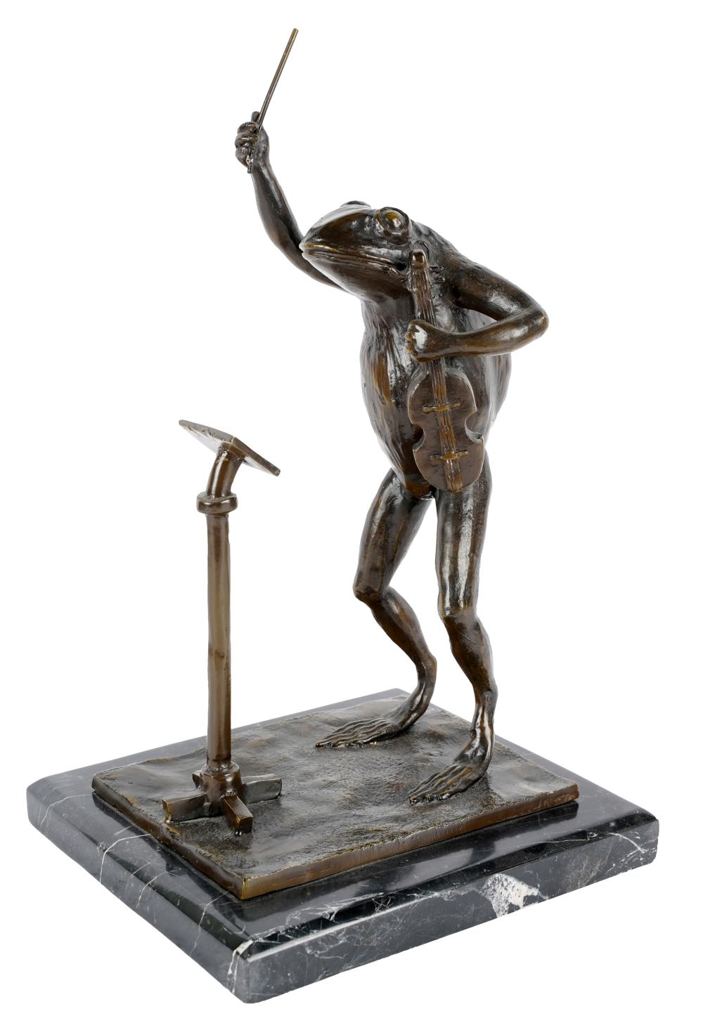 GILT METAL FIGURE OF A FROG MUSICIANmounted