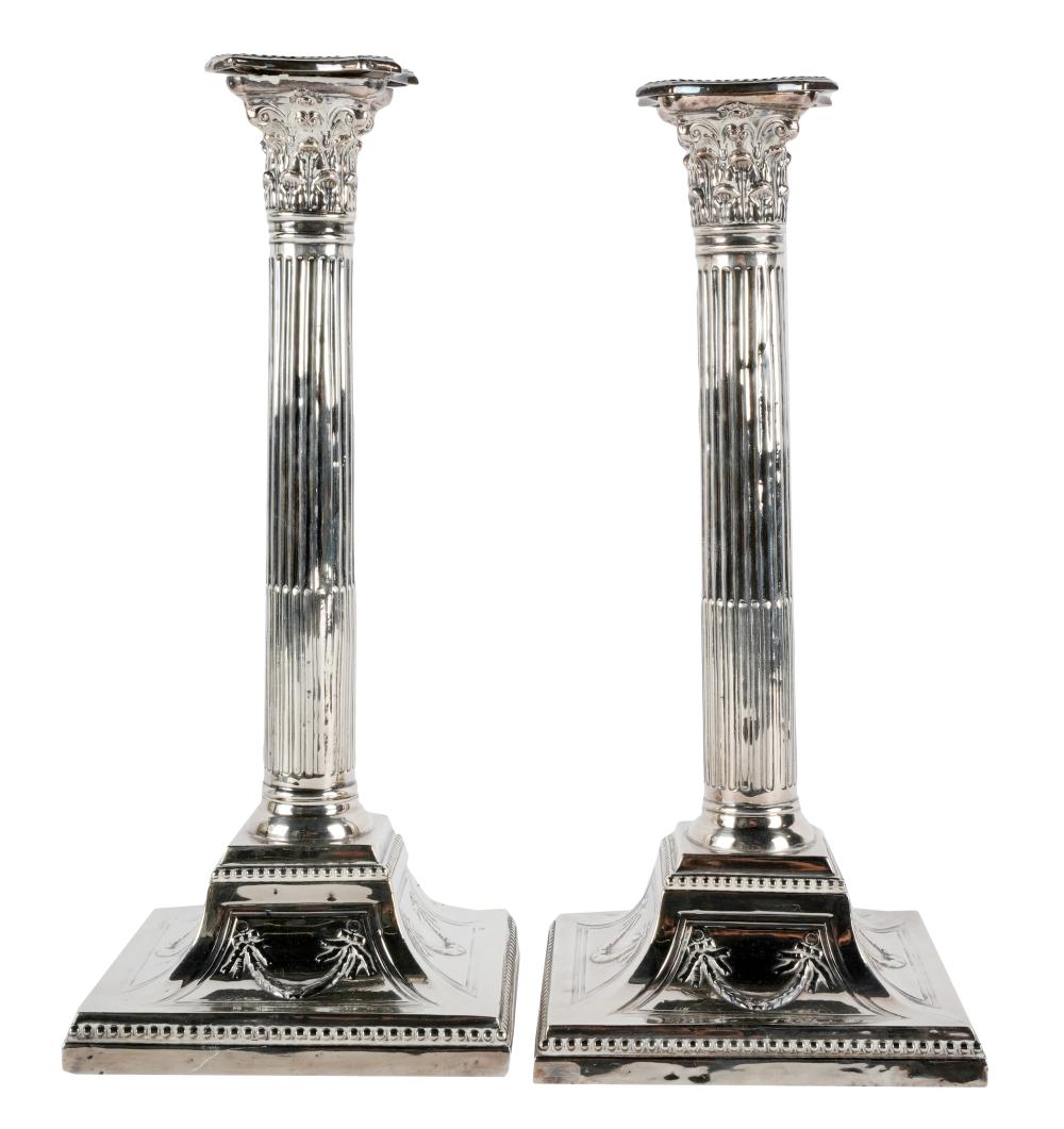 PAIR OF SILVER-PLATE COLUMNAR CANDLESTICKSunmarked;
