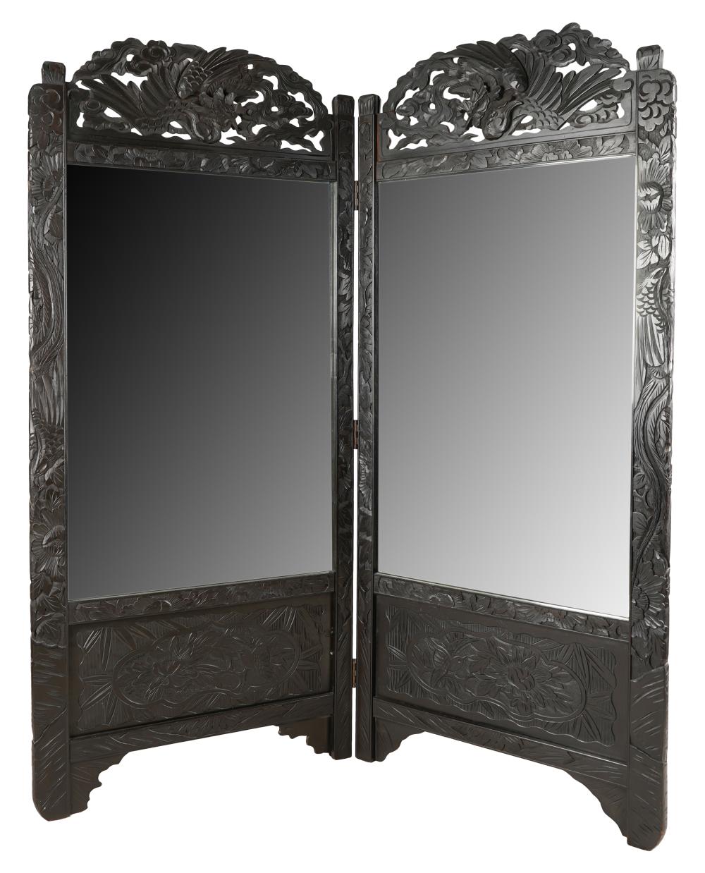 PAIR OF ASIAN CARVED WOOD MIRRORED