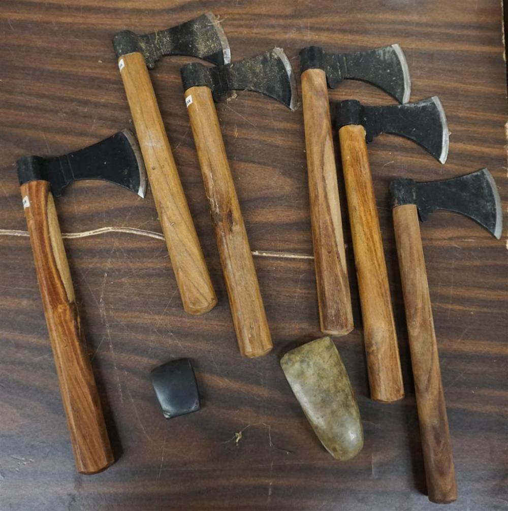 SIX WOOD HANDLED STEEL TOMAHAWKS AND