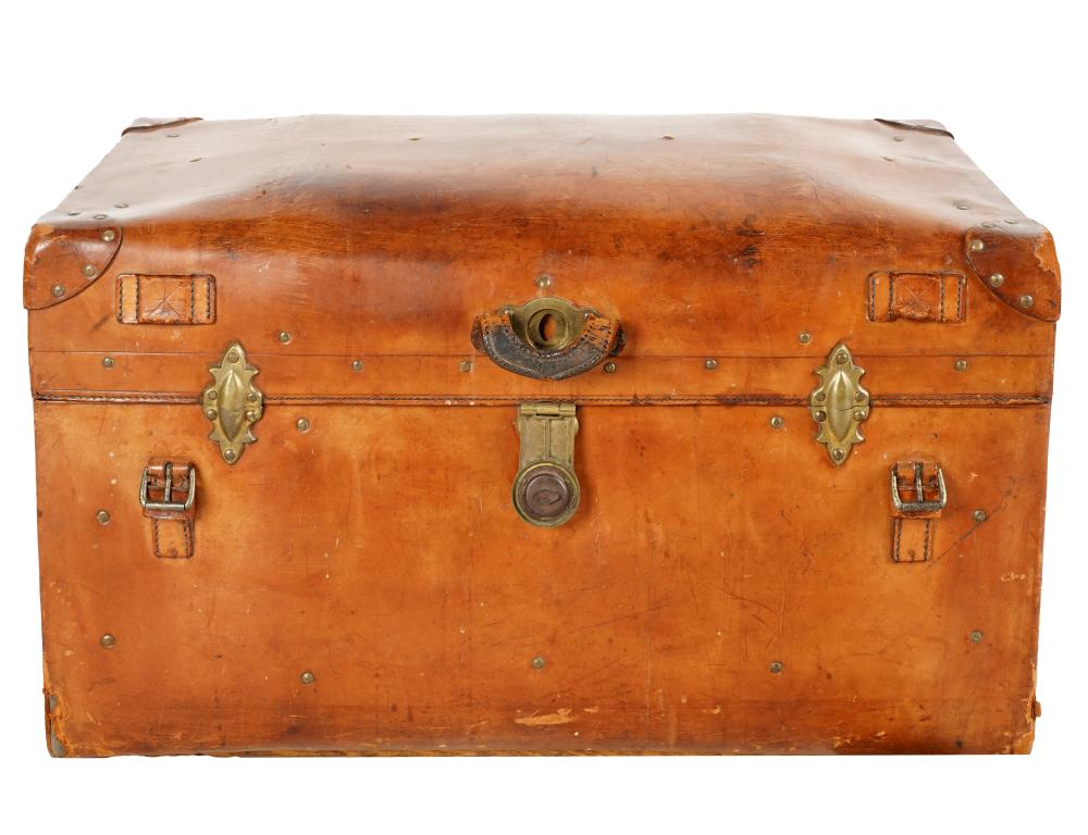 ANTIQUE LEATHER-CLAD TRUNKthe domed,