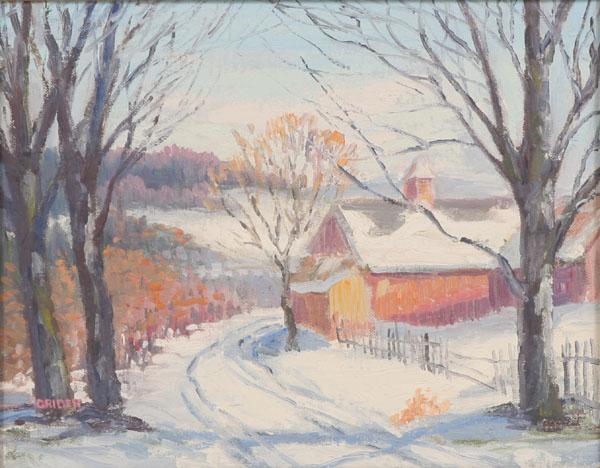 Rustic Indiana winter landscape; oil