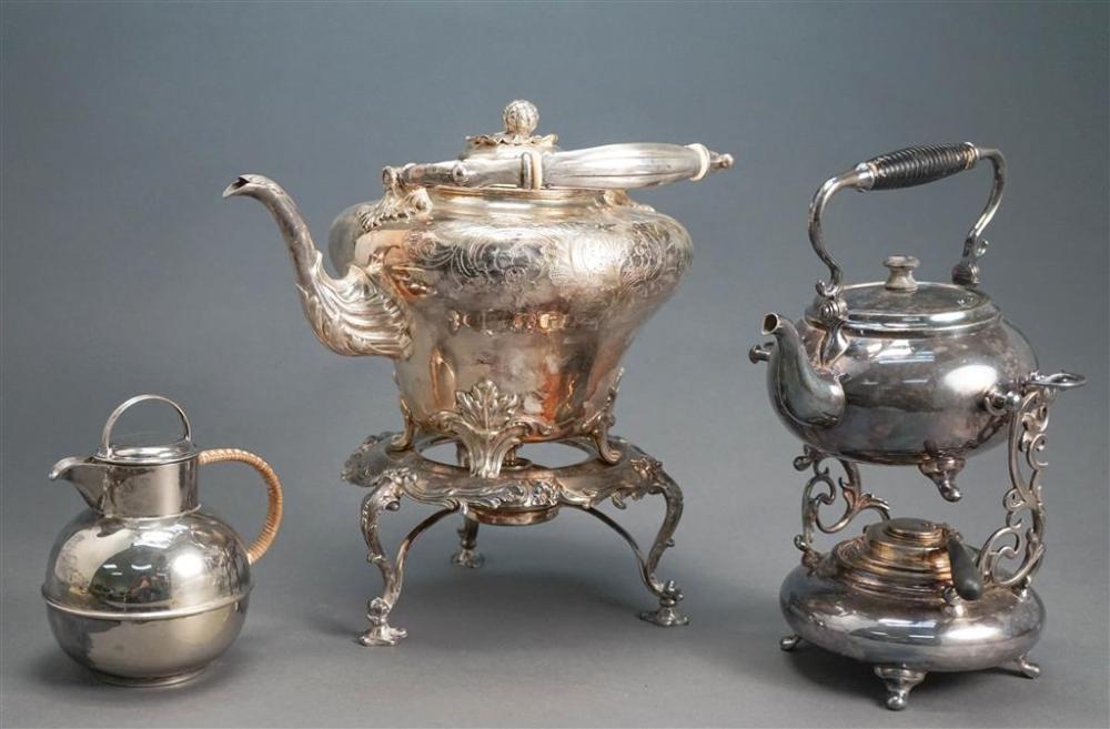 TWO SILVER PLATE TEAPOTS ON BURNER 326edc