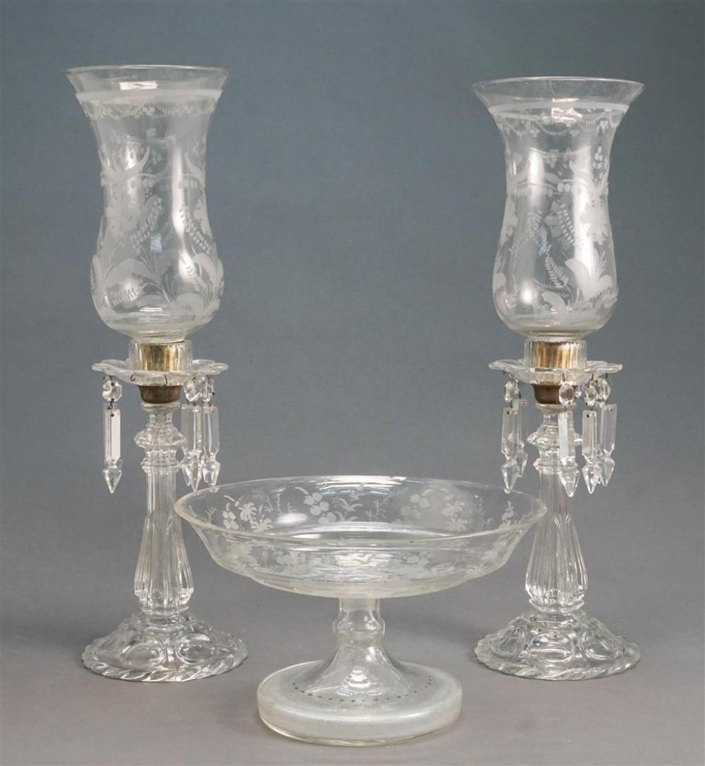 PAIR MOLDED GLASS BASE ETCHED HURRICANE