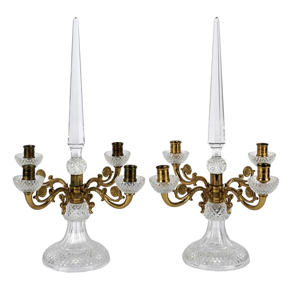 PAIR OF CUT-GLASS & METAL CANDELABRAeach