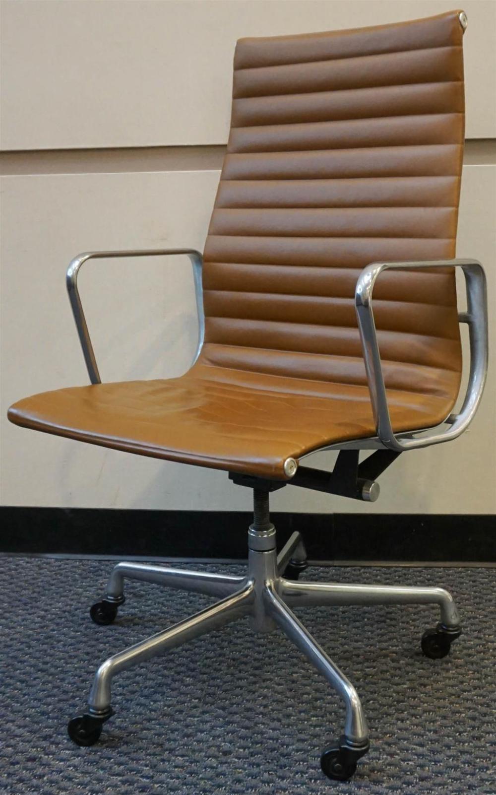 EAMES STYLE CHROME PLATE AND BROWN LEATHER